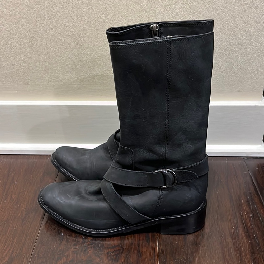 Cole Haan Black Leather Mid-Calf Buckle Strap Boots